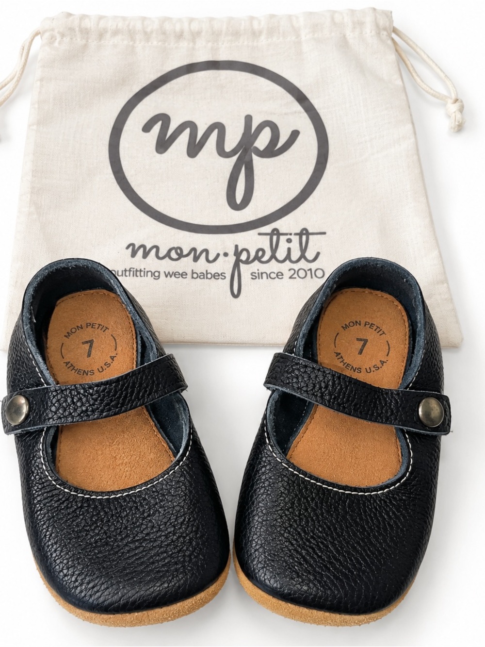 NWOT Mon Petit Black Leather Mary Jane Shoes Toddler Size 7 + Dust Bag